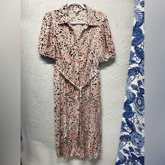 Time and Tru Dress Pink Animal Print Midi Button Front Short Sleeve Medium - Picture 5 of 12